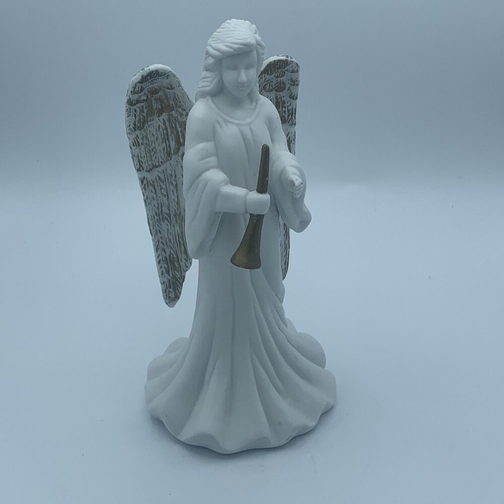 Elegant Ceramic Angel Figurine with Trumpet 8.5 inch – Gold Accents - Christmas